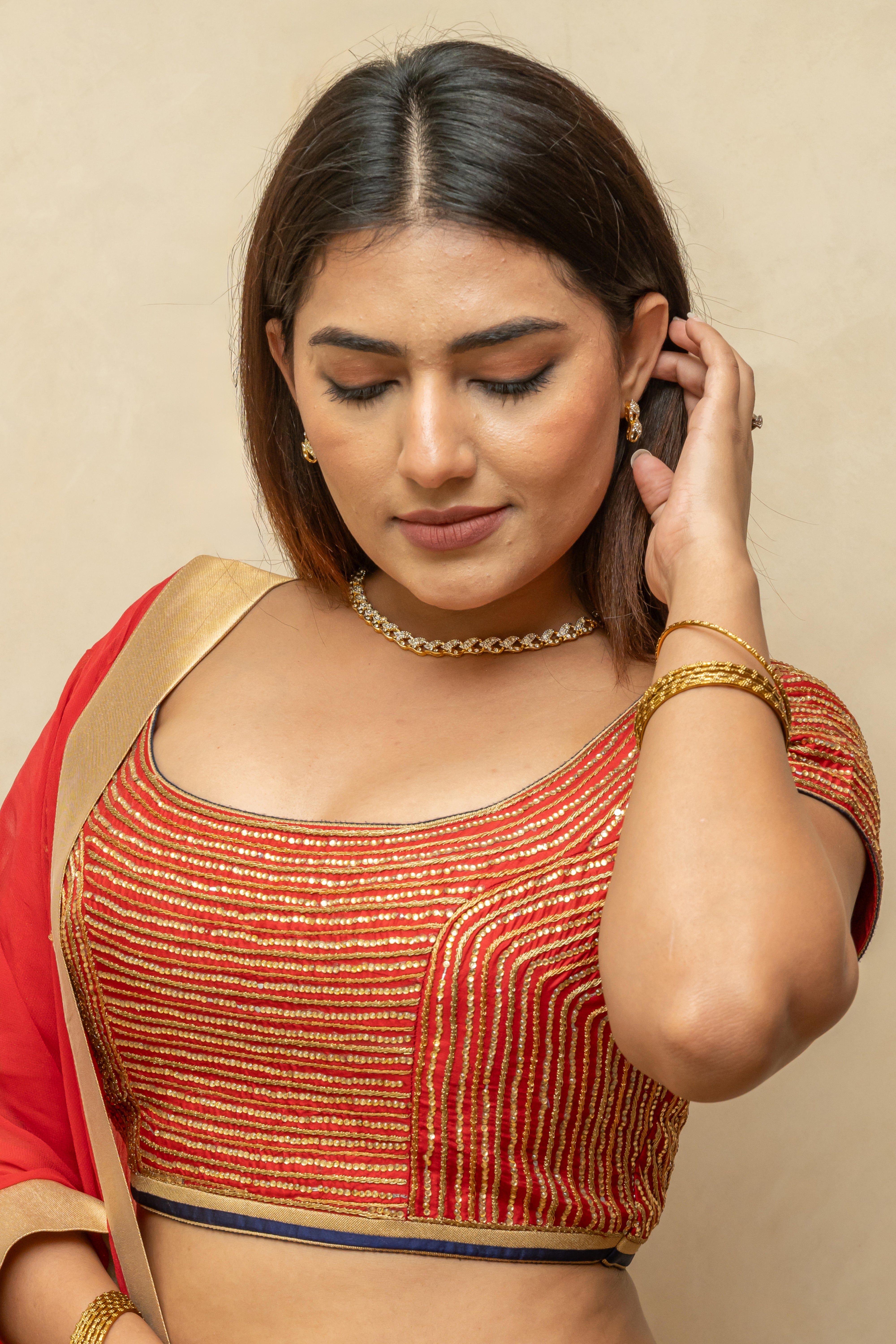 Radiant Red Silk Blouse with Linear Swarovski-Style Work