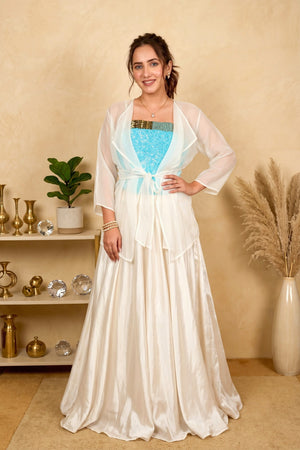 Blue and white blouse skirt and shrug set
