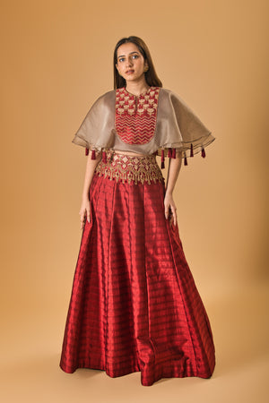 Contemporary Maroon Silk Indo-Western Lehenga with Embellished Cape Blouse