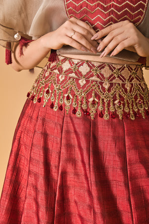 Contemporary Maroon Silk Indo-Western Lehenga with Embellished Cape Blouse