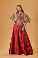 Contemporary Maroon Silk Indo-Western Lehenga with Embellished Cape Blouse