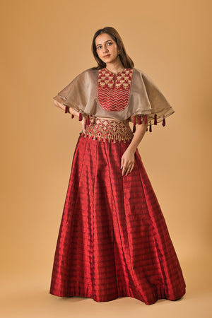 Contemporary Maroon Silk Indo-Western Lehenga with Embellished Cape Blouse