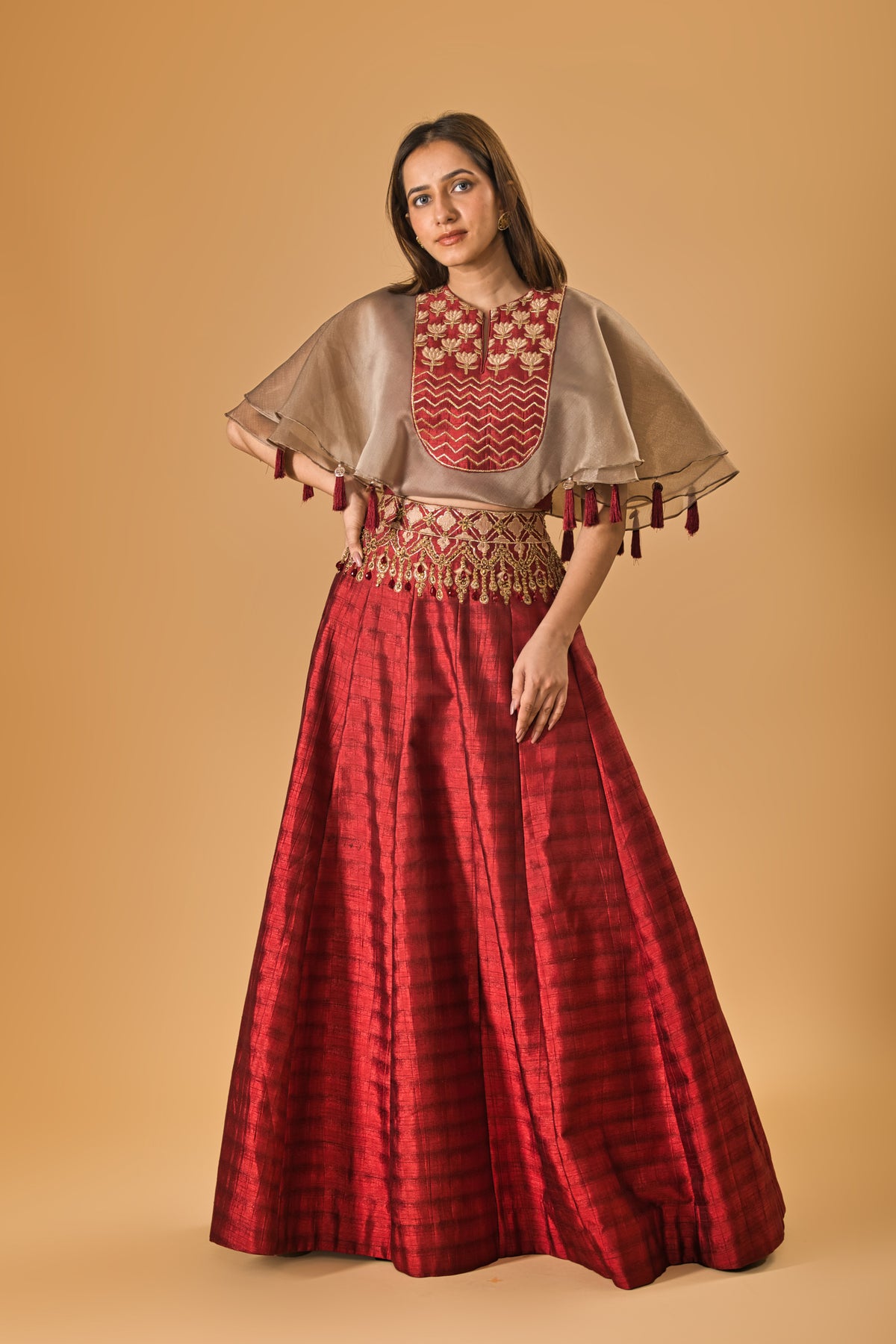 Contemporary Maroon Silk Indo-Western Lehenga with Embellished Cape Blouse