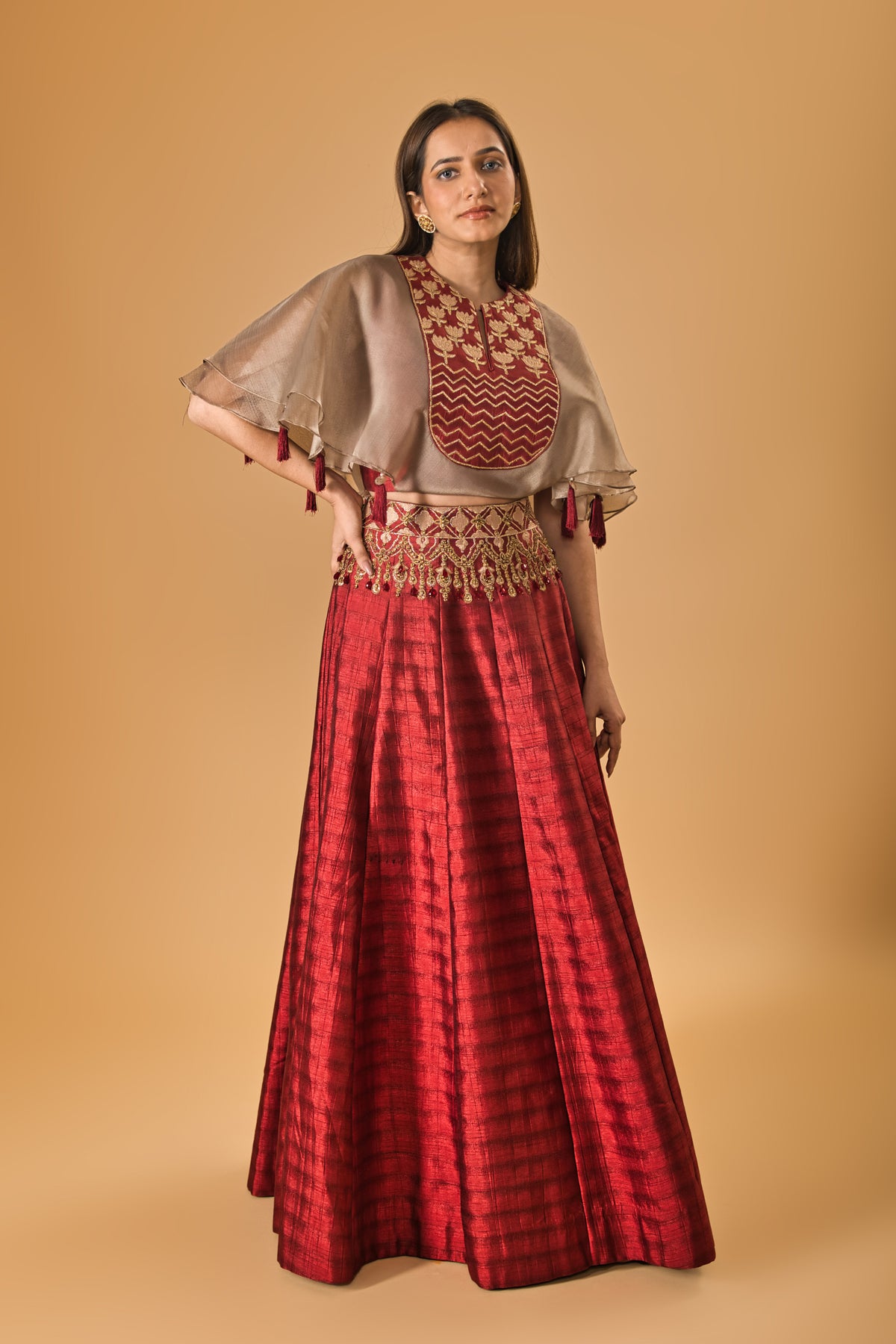 Contemporary Maroon Silk Indo-Western Lehenga with Embellished Cape Blouse