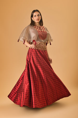 Contemporary Maroon Silk Indo-Western Lehenga with Embellished Cape Blouse