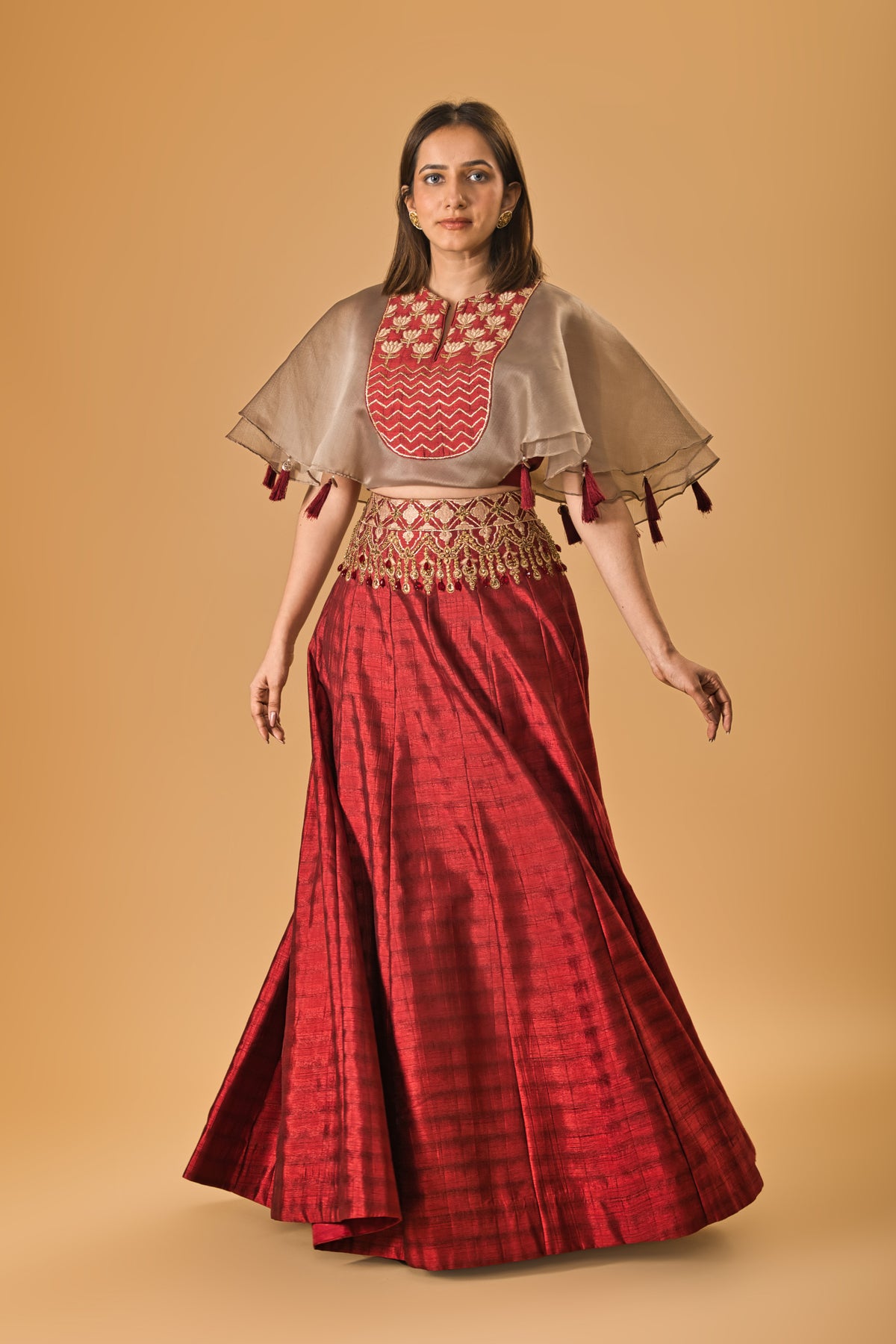 Contemporary Maroon Silk Indo-Western Lehenga with Embellished Cape Blouse