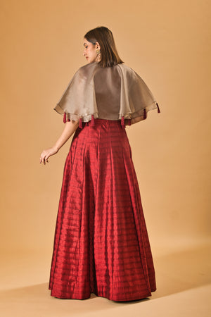 Contemporary Maroon Silk Indo-Western Lehenga with Embellished Cape Blouse