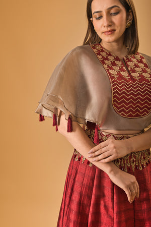 Contemporary Maroon Silk Indo-Western Lehenga with Embellished Cape Blouse