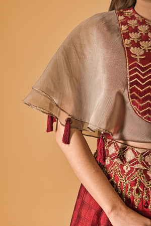 Contemporary Maroon Silk Indo-Western Lehenga with Embellished Cape Blouse