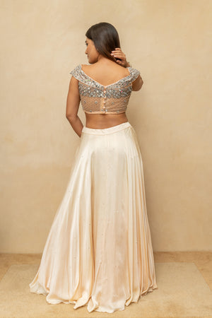 Champagne Peach Satin Silk Lehenga Set with Chunky Mirror-Work Off-Shoulder Blouse