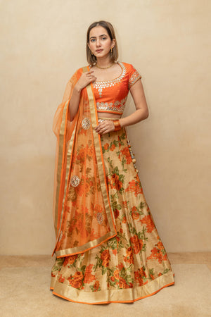 Vibrant Orange Mirror-Work Blouse with Floral Print Silk Lehenga