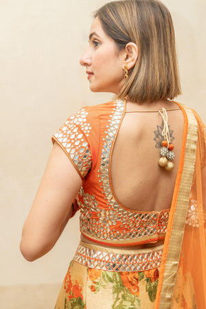Vibrant Orange Mirror-Work Blouse with Floral Print Silk Lehenga
