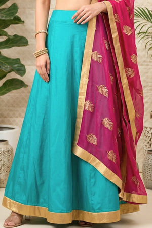 Vibrant Turquoise Silk Lehenga Set with Multi-Color Pearl Embellished Blouse & Magenta Dupatta