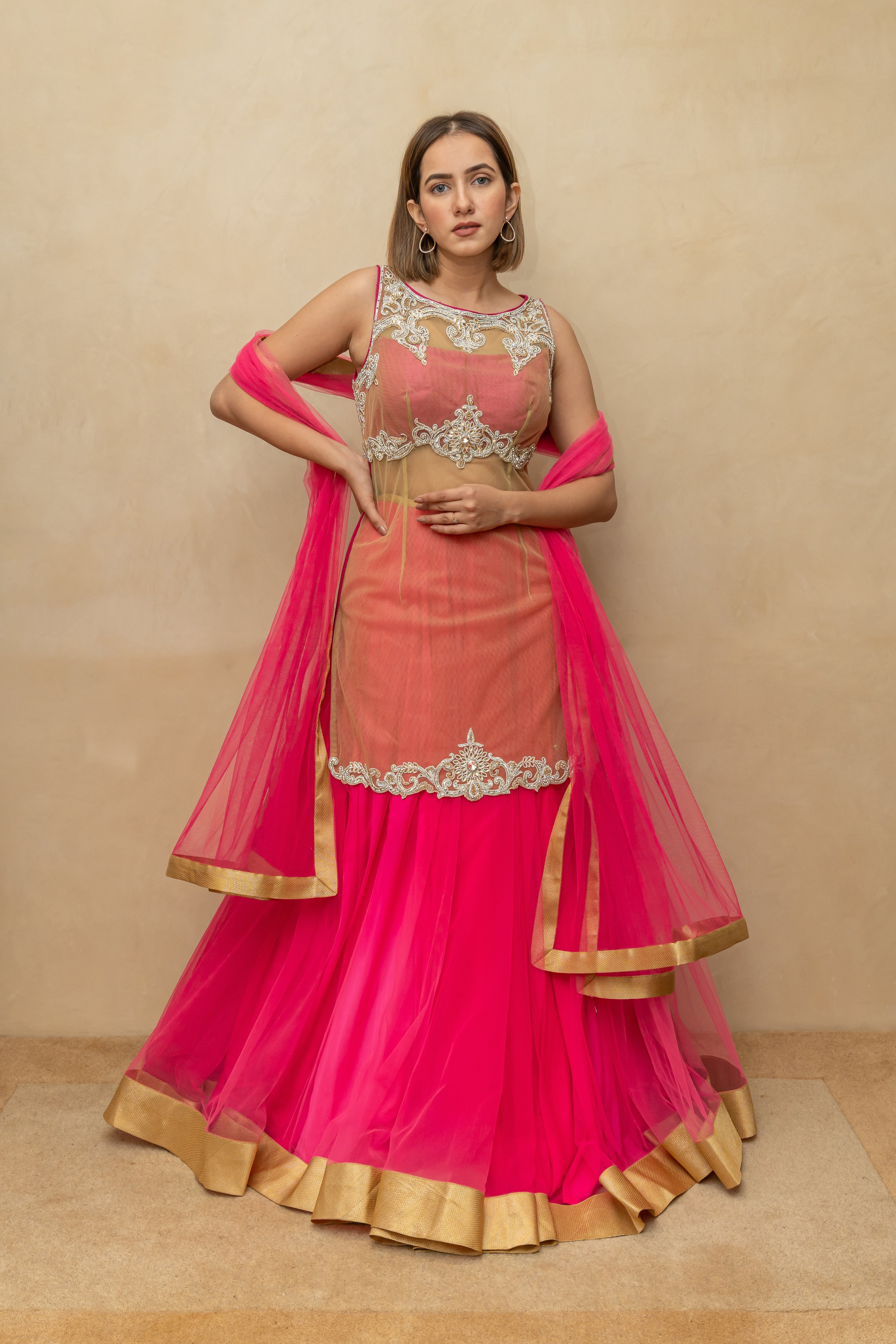 Hot Pink and Gold Sheer Blouse Lehenga Set