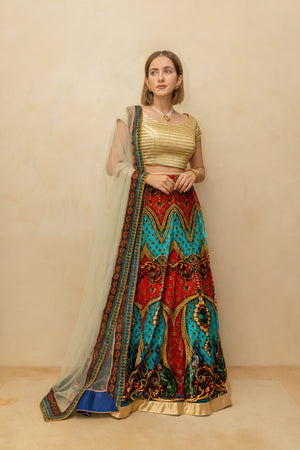 Vibrant Multicolour Digital Print Velvet Lehenga with Textured Gold Blouse