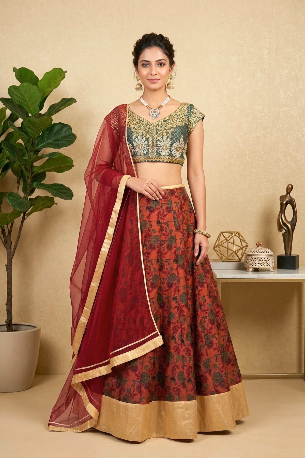 Emerald Green Embroidered Blouse with Rust Red Floral Raw Silk Lehenga