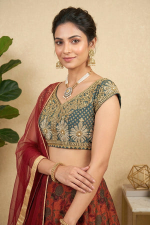 Emerald Green Embroidered Blouse with Rust Red Floral Raw Silk Lehenga