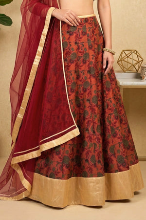 Emerald Green Embroidered Blouse with Rust Red Floral Raw Silk Lehenga