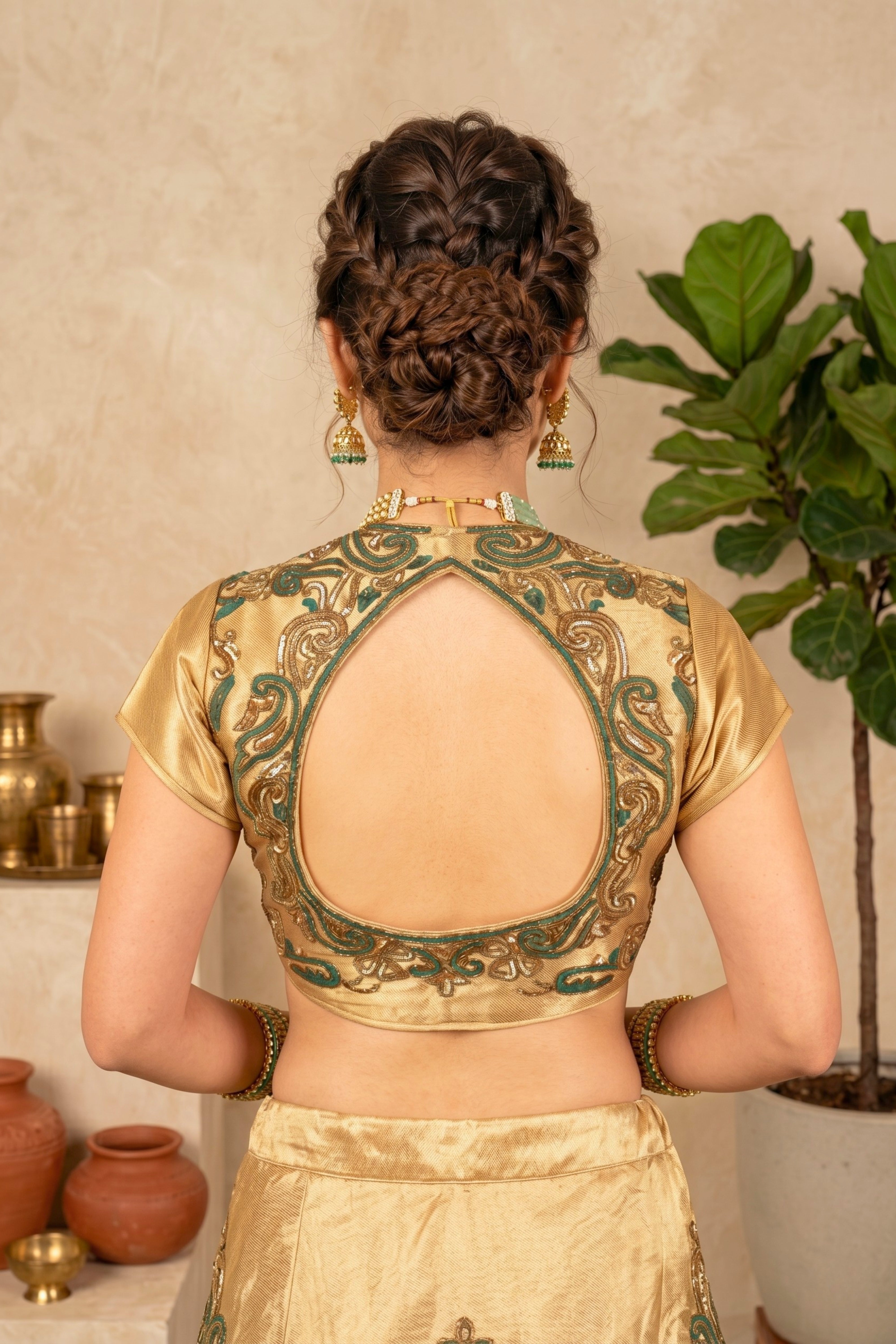 Exquisite Antique Gold Embellished Blouse with Statement Cutout Back