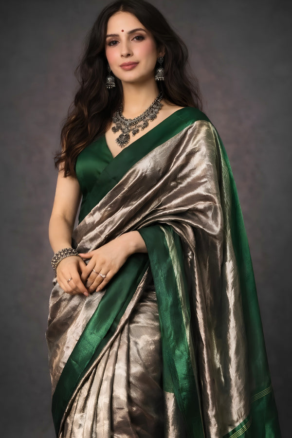 Celebrity-Inspired Silver & Emerald Green Tissue Saree