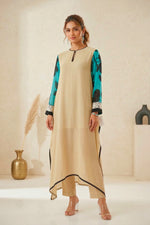 Beige Georgette Asymmetric Kurti with Contrast Turquoise Embroidered Sleeves