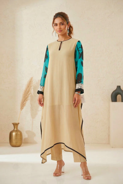 Beige Georgette Asymmetric Kurti with Contrast Turquoise Embroidered Sleeves