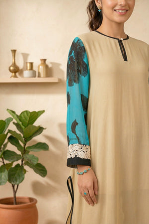 Beige Georgette Asymmetric Kurti with Contrast Turquoise Embroidered Sleeves