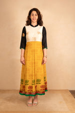 White Banarasi Silk & Mustard Georgette Anarkali Dress