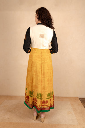 White Banarasi Silk & Mustard Georgette Anarkali Dress