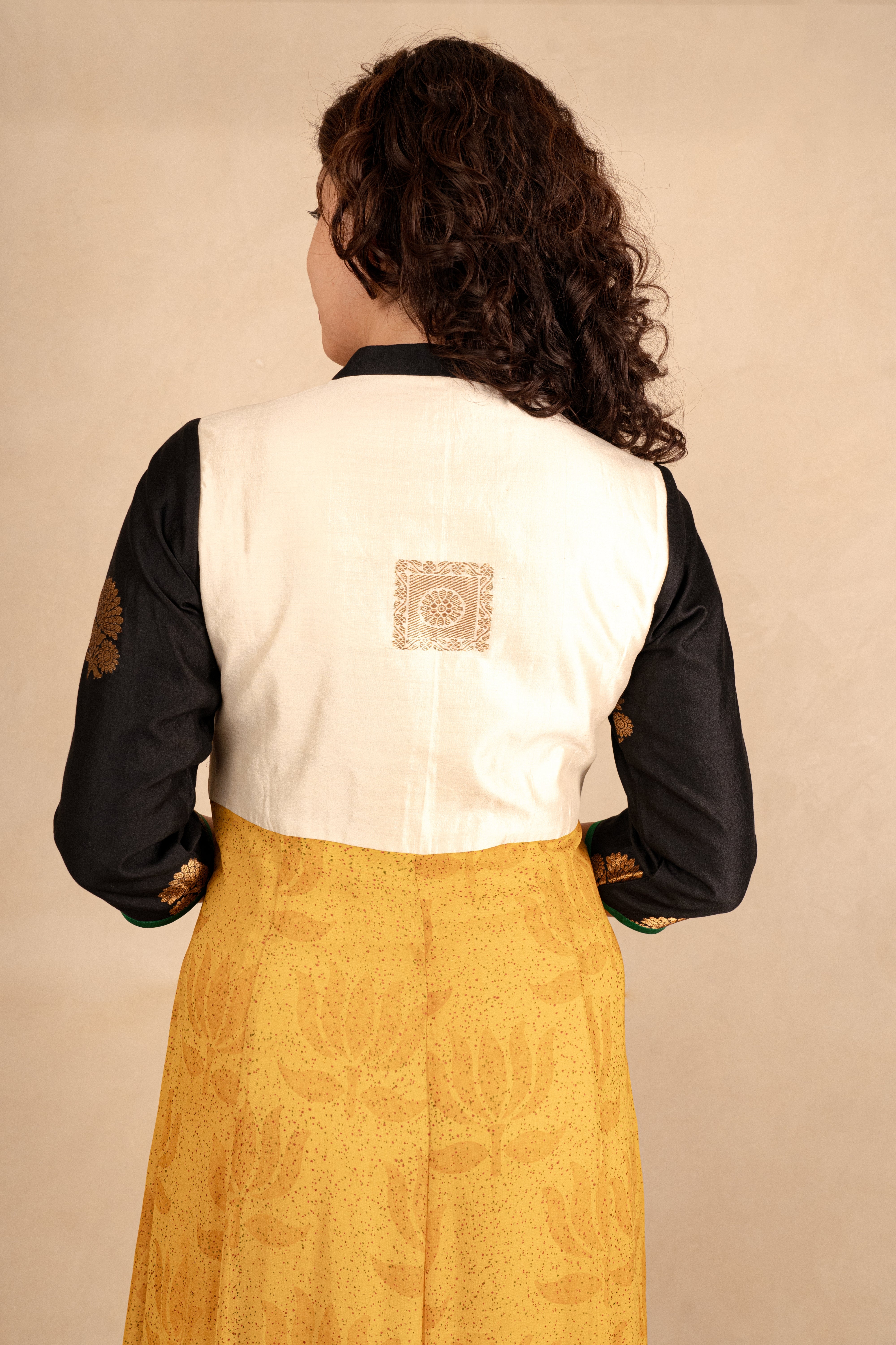 White Banarasi Silk & Mustard Georgette Anarkali Dress