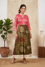 Elegant Pink Upada Silk Brocade & Olive Printed Kalidar Dress