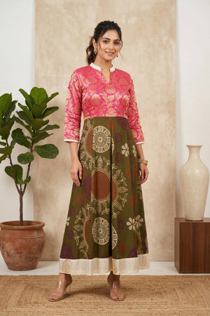 Elegant Pink Upada Silk Brocade & Olive Printed Kalidar Dress