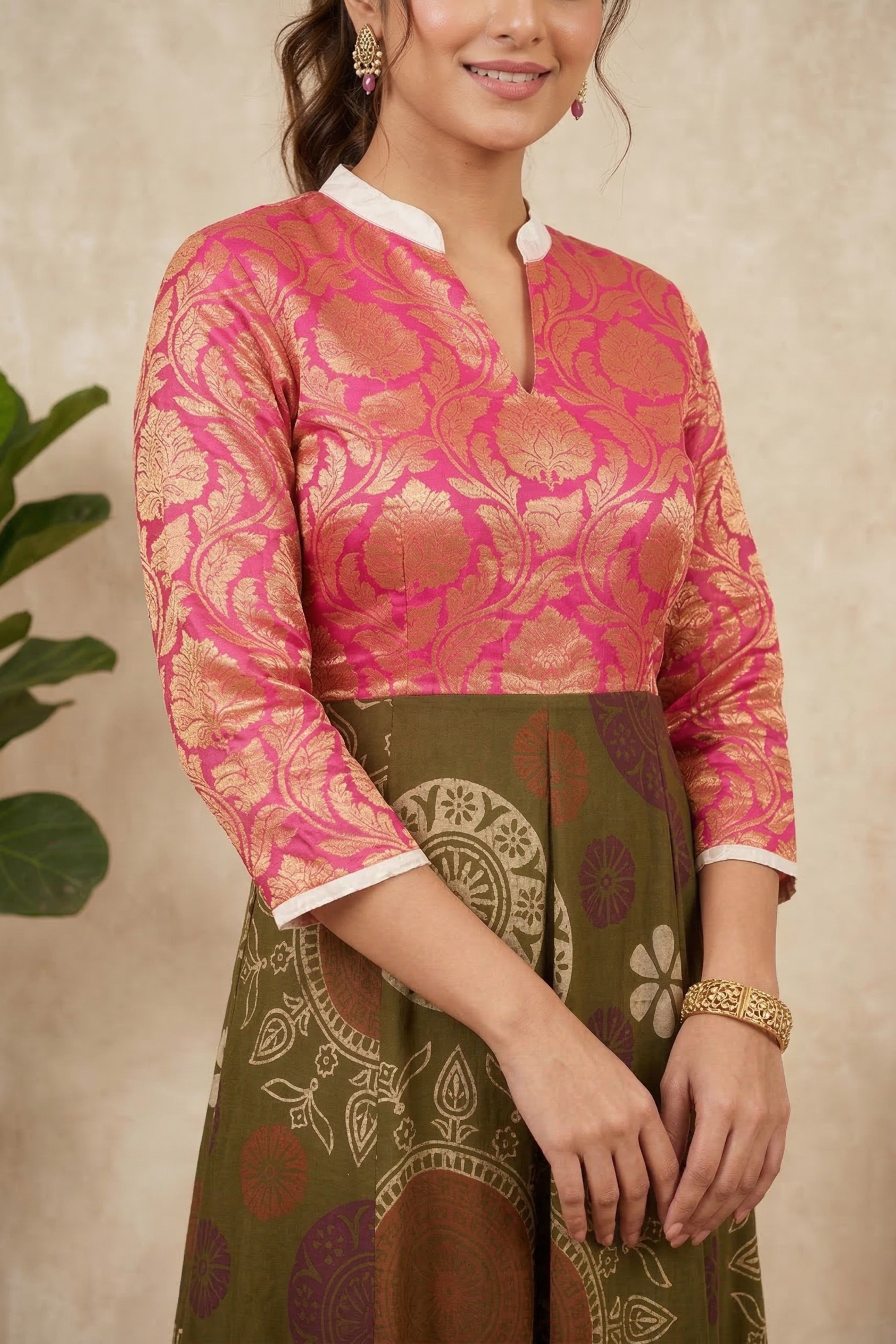 Elegant Pink Upada Silk Brocade & Olive Printed Kalidar Dress