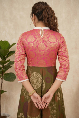 Elegant Pink Upada Silk Brocade & Olive Printed Kalidar Dress