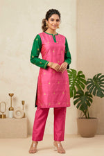 Vibrant Fuchsia Pink and Emerald Green Silk Kurti with Gold Motifs