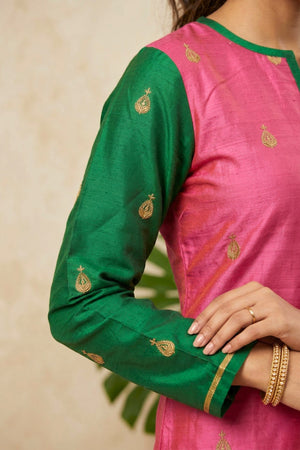 Vibrant Fuchsia Pink and Emerald Green Silk Kurti with Gold Motifs