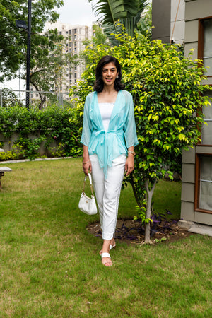 Aqua Blue Soft Organza Tie-Front Shrug