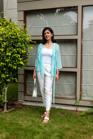 Aqua Blue Soft Organza Tie-Front Shrug