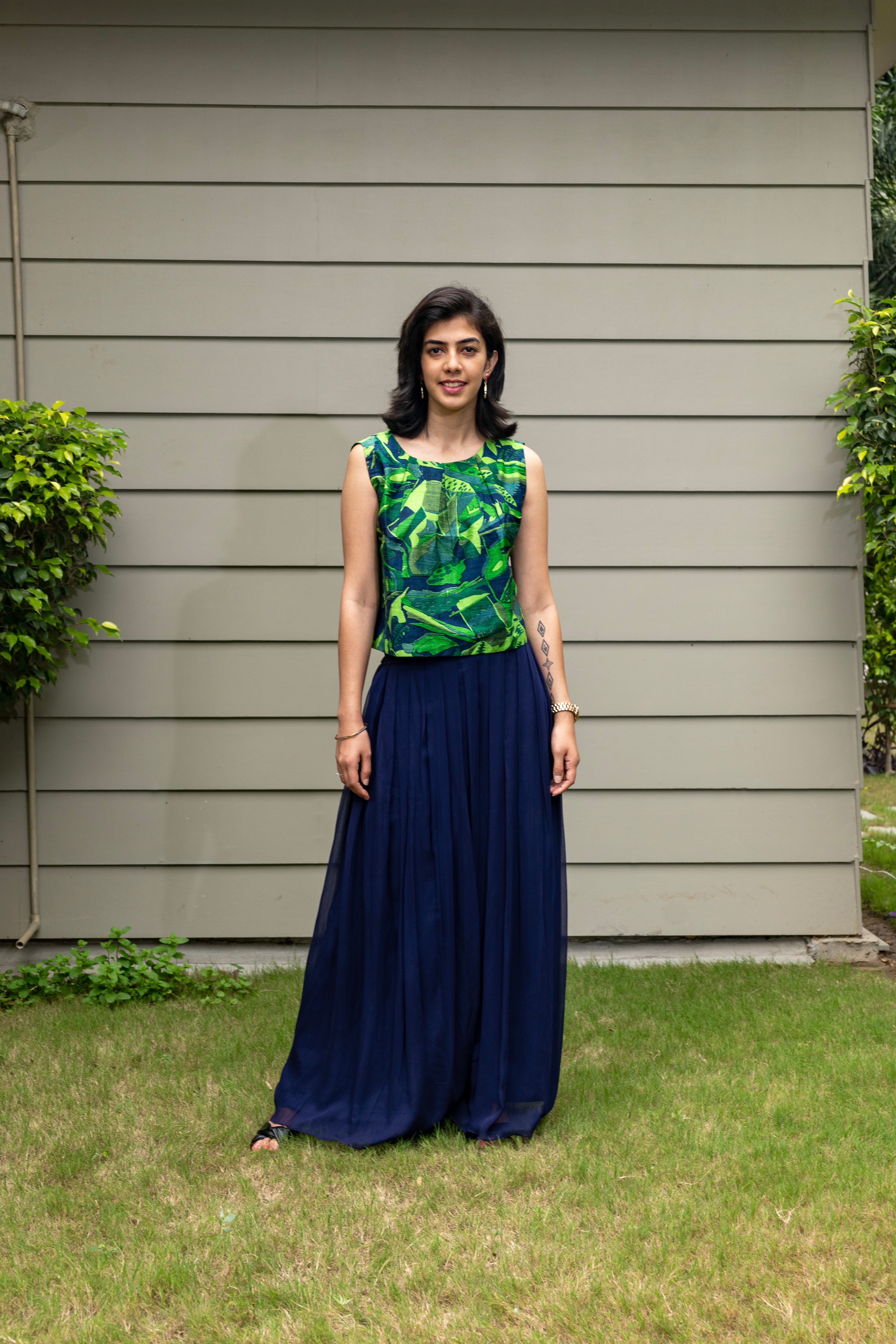 Green Printed Silk Boxy Top & Navy Blue Georgette Palazzo Set