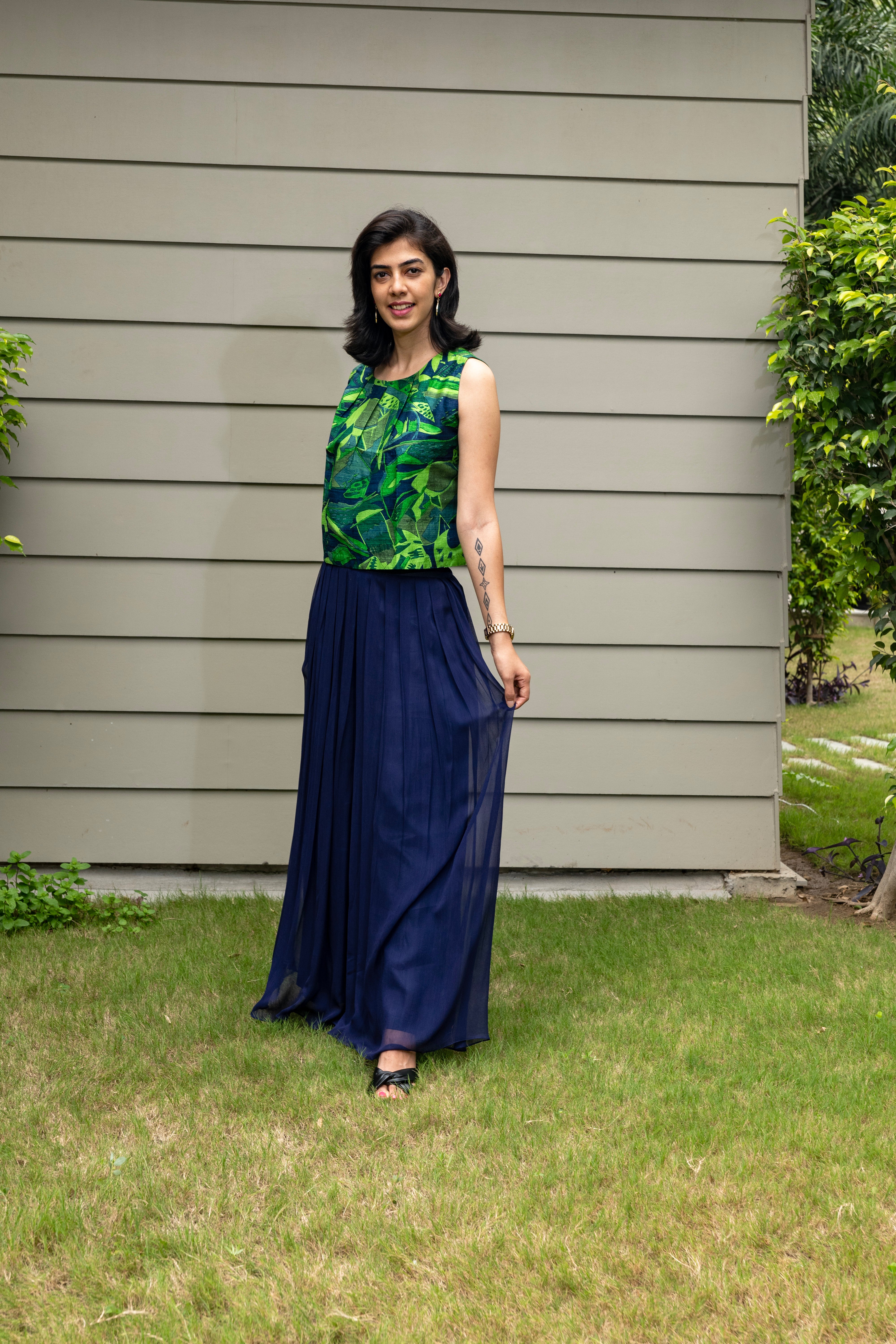 Green Printed Silk Boxy Top & Navy Blue Georgette Palazzo Set