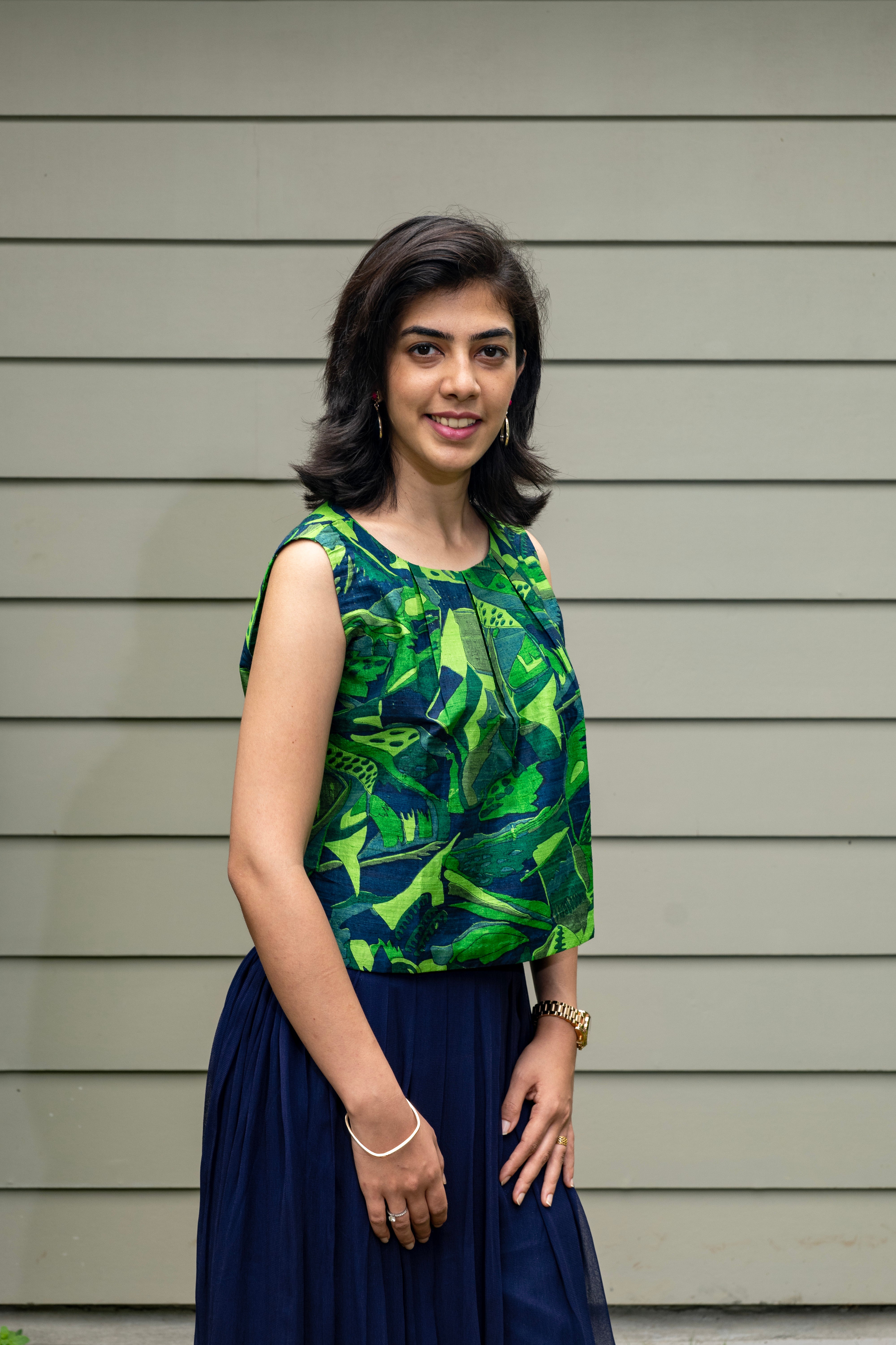 Green Printed Silk Boxy Top & Navy Blue Georgette Palazzo Set