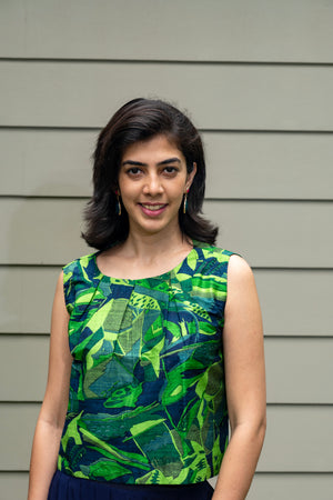 Green Printed Silk Boxy Top & Navy Blue Georgette Palazzo Set