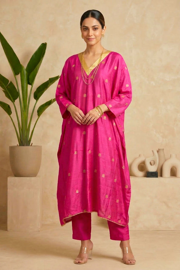 Vibrant Fuchsia Chiniya Silk Kaftan Kurti with Unstitched Bottom Material