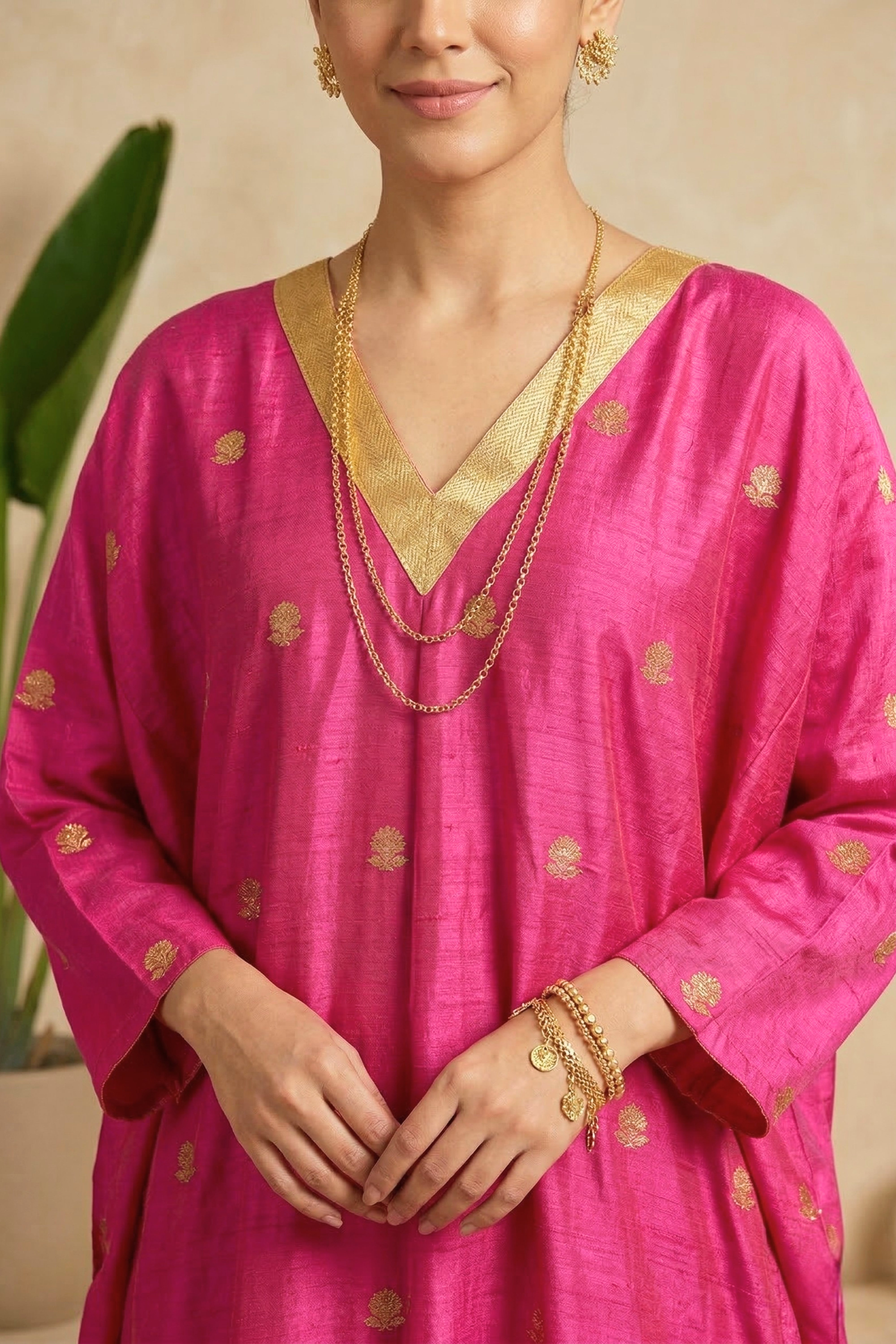 Vibrant Fuchsia Chiniya Silk Kaftan Kurti with Unstitched Bottom Material