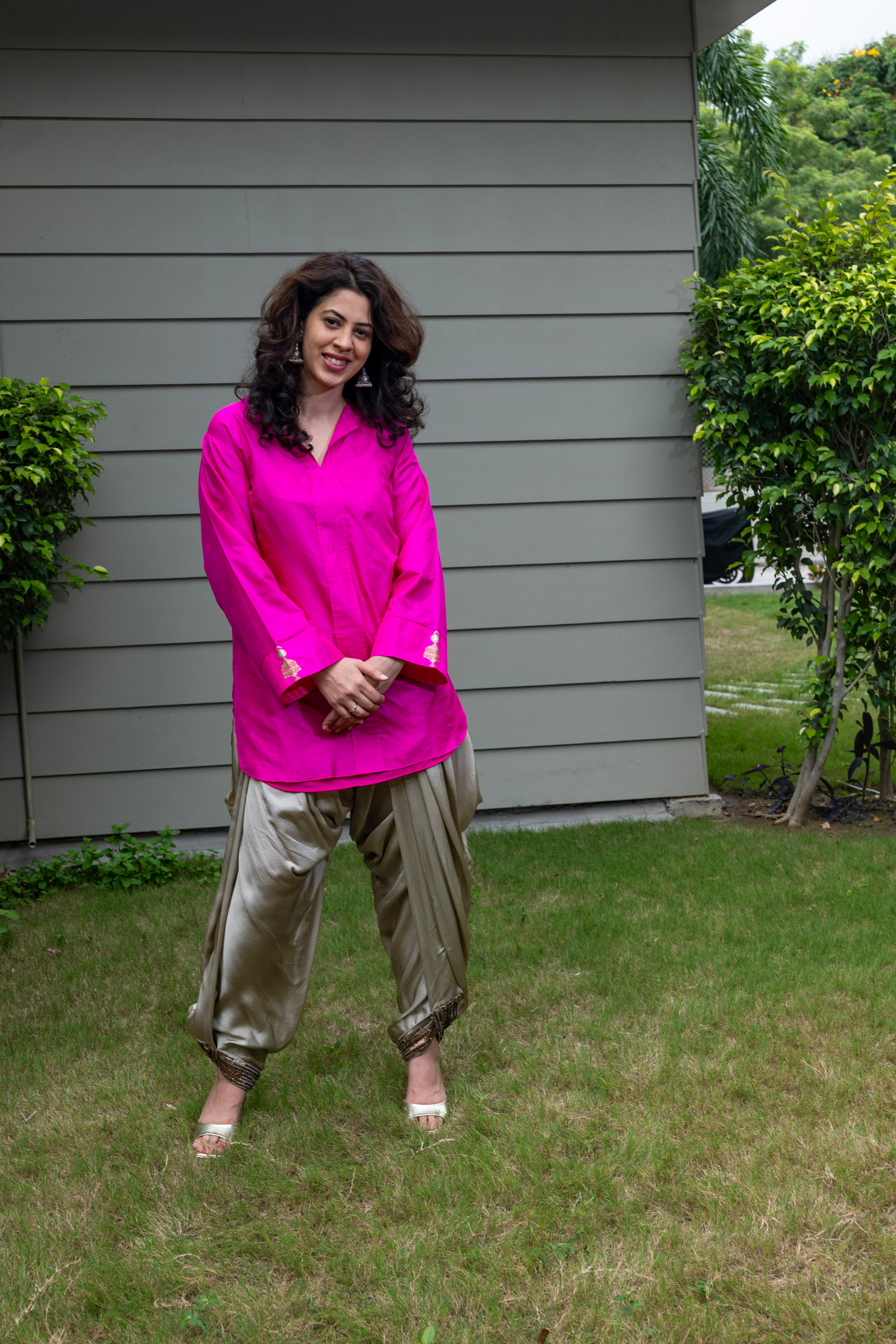 Hot Pink Silk Kurta & Satin Crepe Dhoti Set