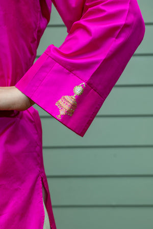 Hot Pink Silk Kurta & Satin Crepe Dhoti Set