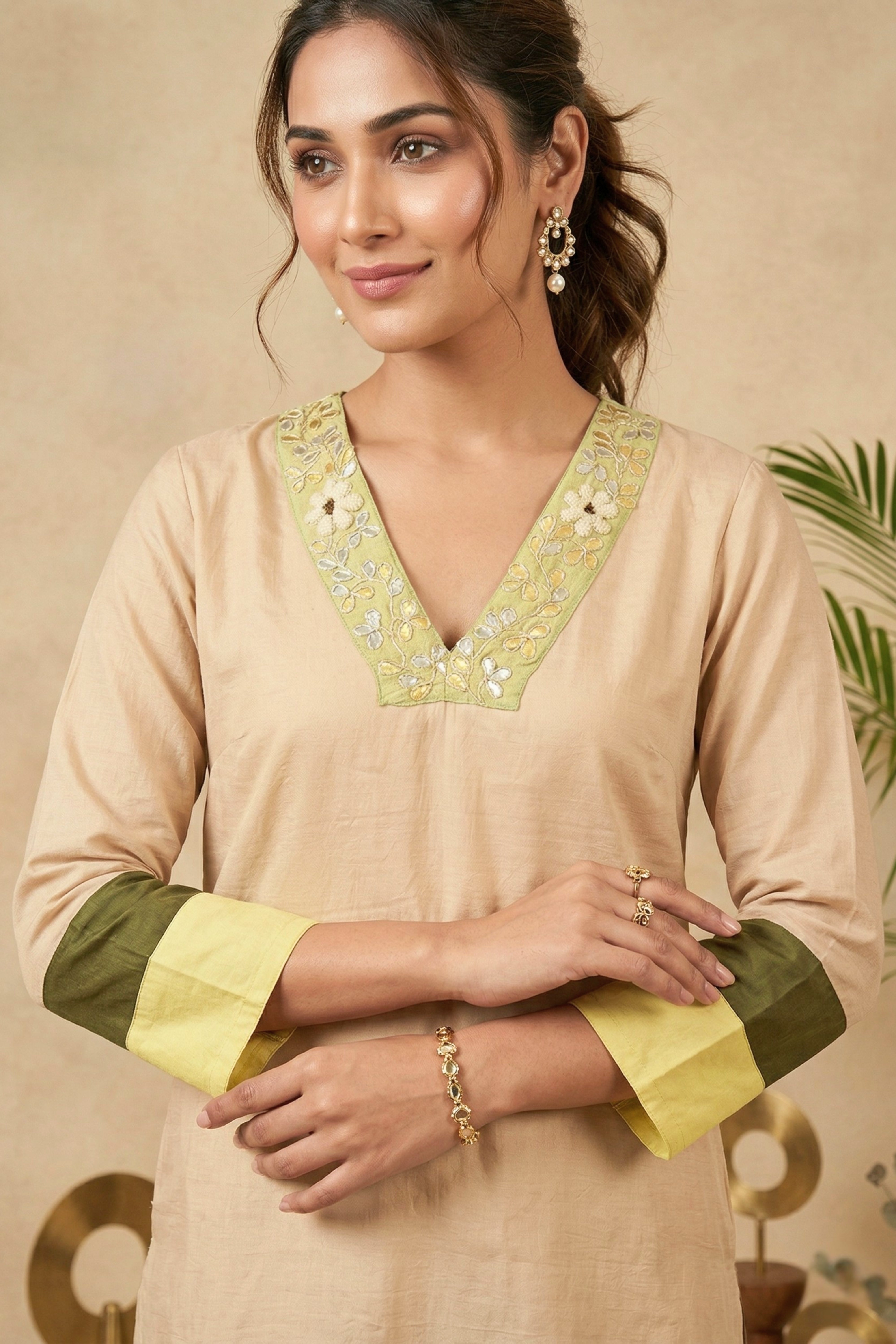 Elegant Color-Blocked Silk Kurti with Embroidered V-Neck