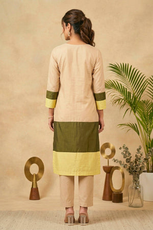 Elegant Color-Blocked Silk Kurti with Embroidered V-Neck