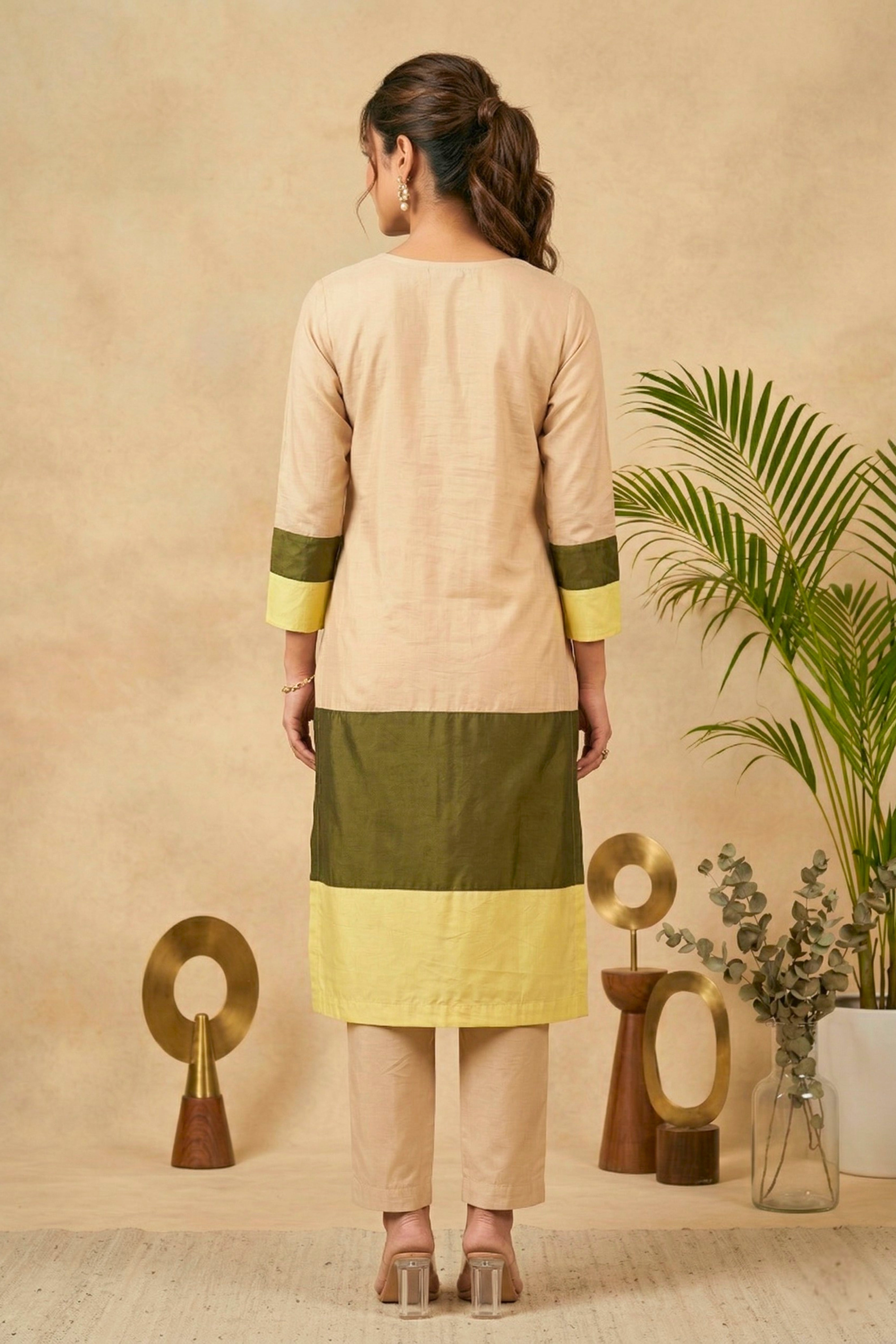 Elegant Color-Blocked Silk Kurti with Embroidered V-Neck