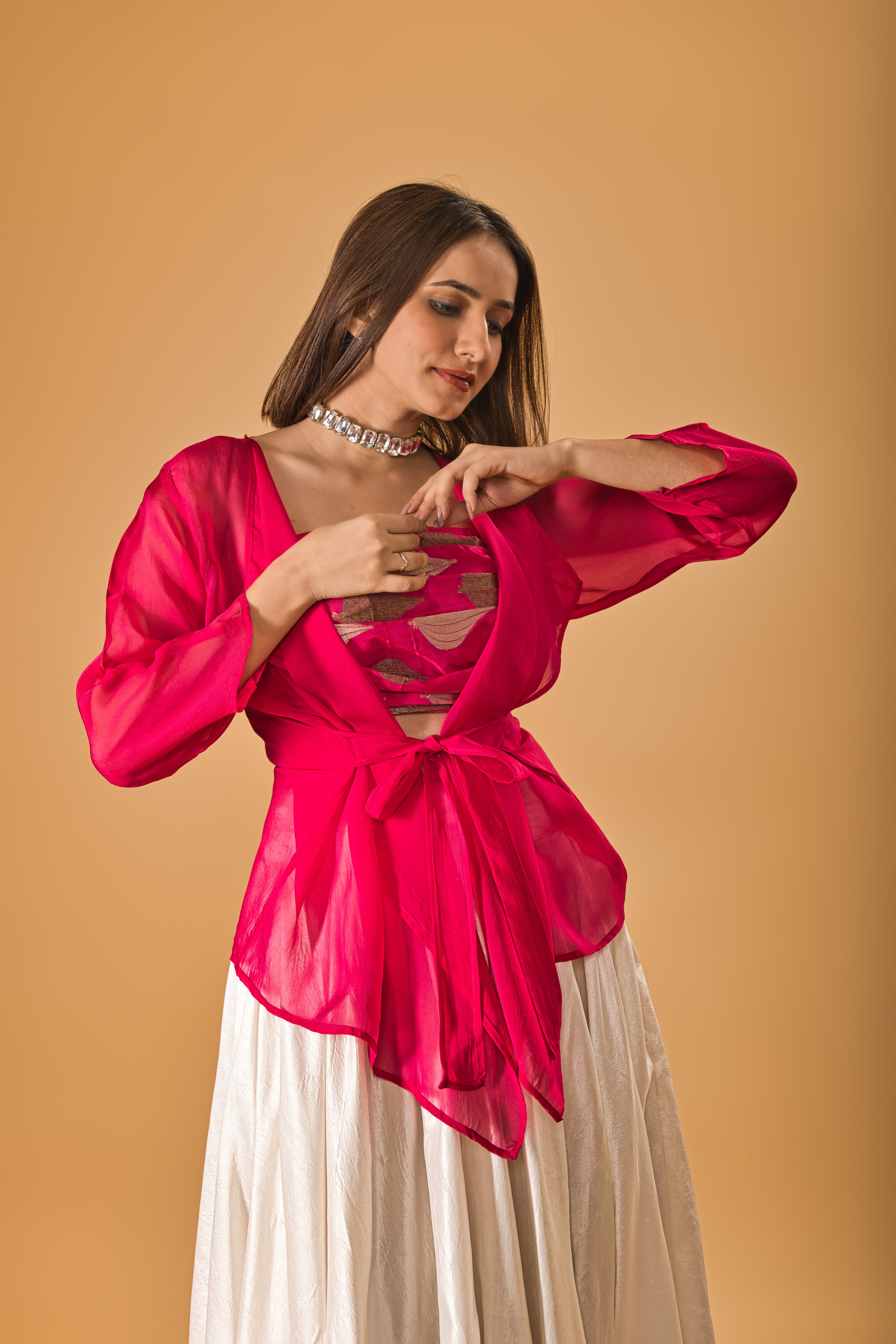 Vibrant Pink Soft Organza Tie-Front Shrug